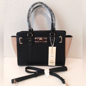 Madison West Los Angeles Black Beige Faux Leather Double Handle Crossbody Bag